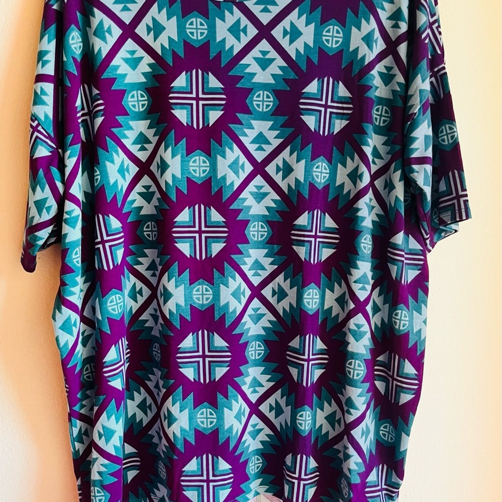 LuLaRoe Woman’s Short Sleeve Shirt - Purple and Teal Aztec Design